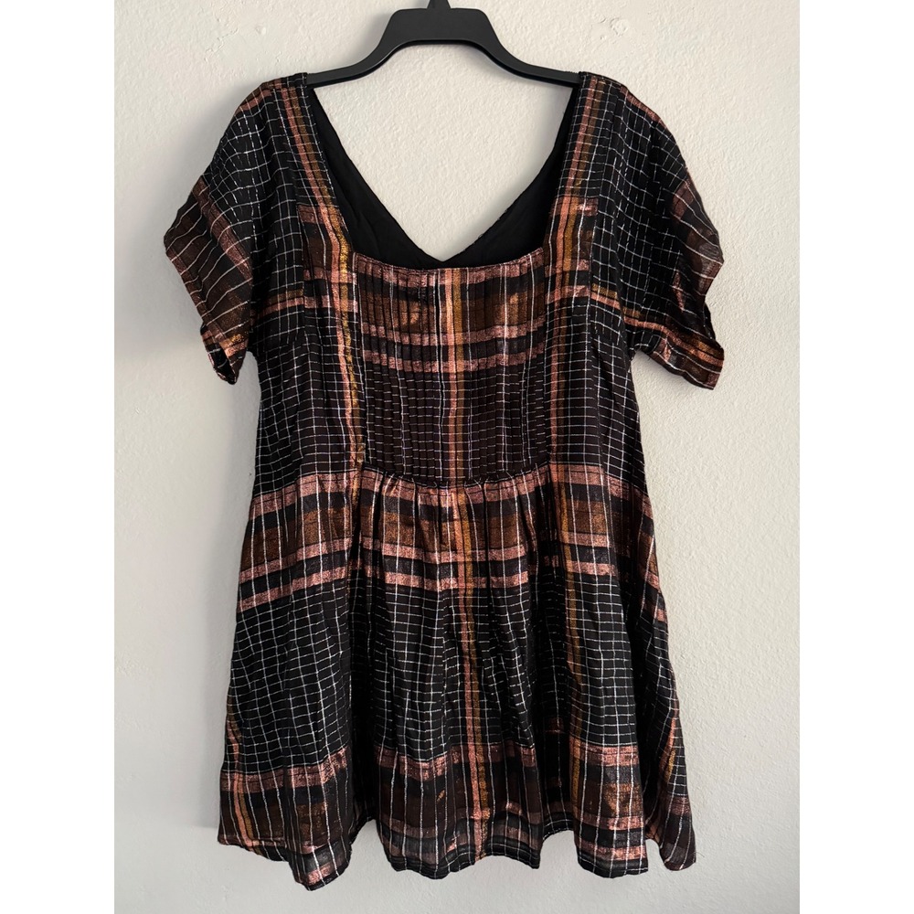Free People Metallic Plaid Mini Dress Black Copper V-Neck Smocked Back XS